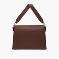 A dark brown laptop bag in with grained leather and silver metalware. It has a detachable shoulder strap. 