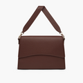 A dark brown laptop bag in with grained leather and silver metalware. It has a detachable shoulder strap. 