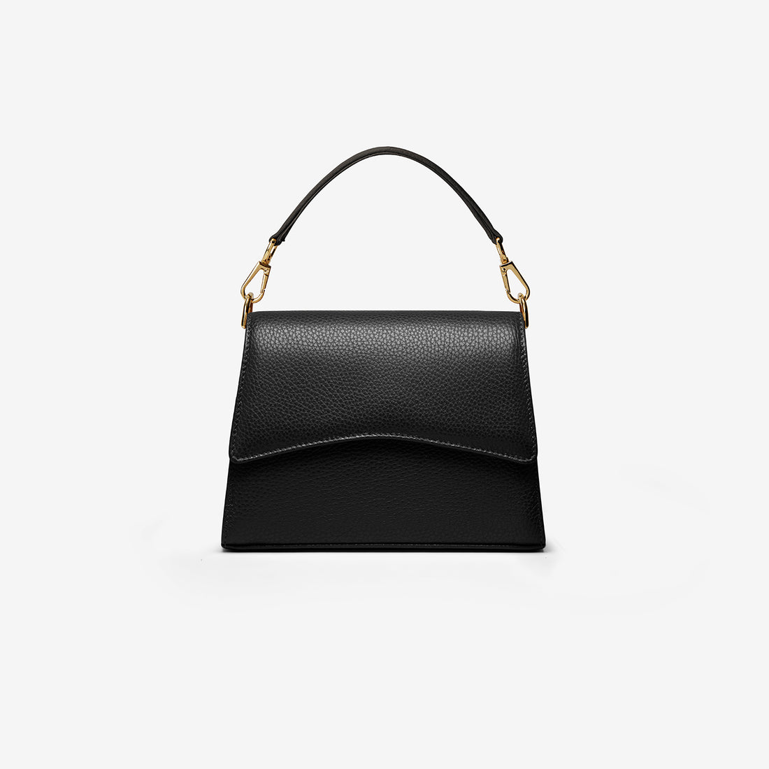 A black grained leather handbag with light gold metalware and an adjustable strap for a comfortable crossbody or shoulder fit. 